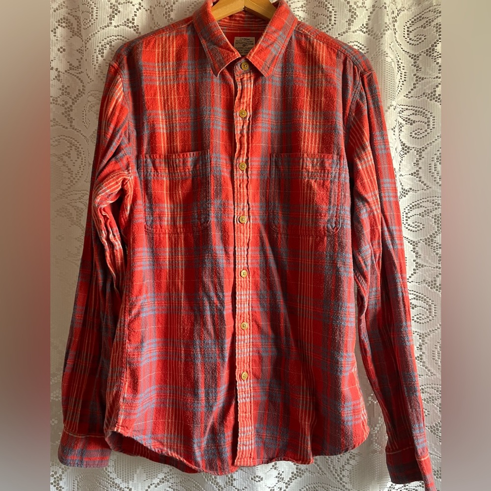 J. CREW| Men’s L Slim Fit 100% Cotton Red Gray Plaid Button Down Shirt